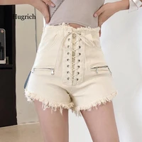 women stylish summer denim shorts lace up high waist pockets female casual streetwear white short jeans 2021