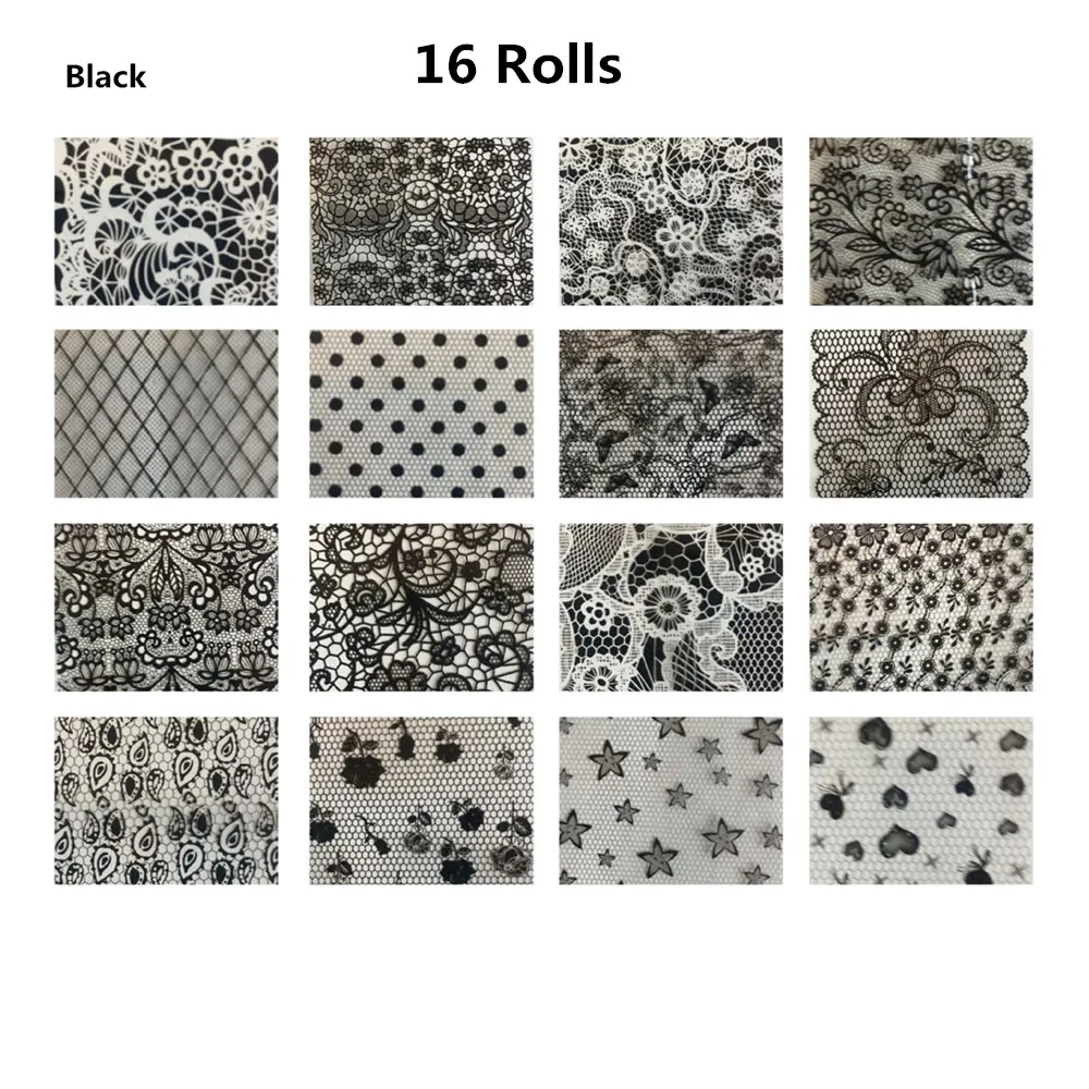 Black-16Rolls 16 рулонов золотой серебряный кружевной Цветочный узор 4 см* 120 м наклейки на ногти из фольги черно-белый гель DIY 3D наклейки для ногтей инструмент для украшения - Цвет: Black-16Rolls