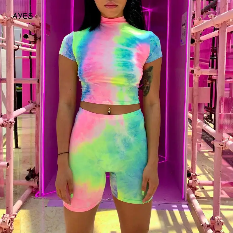 

Tie Dye Set Women Sexy 2 Piece Set Short Sleeve Crop Top And Biker Shorts Suits Fashion Club Outfits Streetwear Female Tracksuit