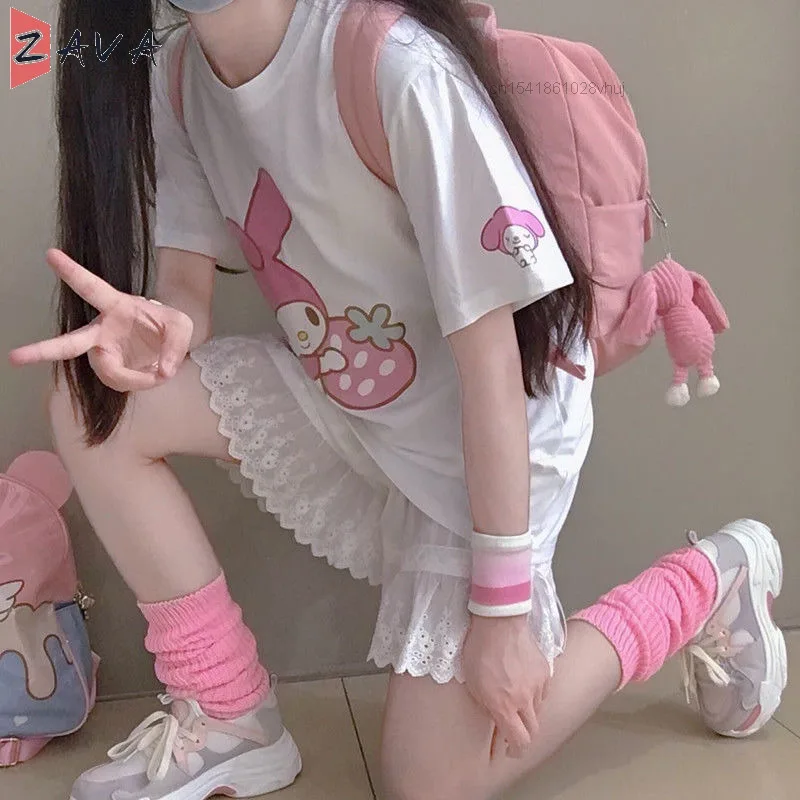 Y2k T-shirt bianca rosa allentata a maniche corte in cotone 100% carino femminile My melodedo stampa fragola Top estivo giapponese per ragazze studentesse