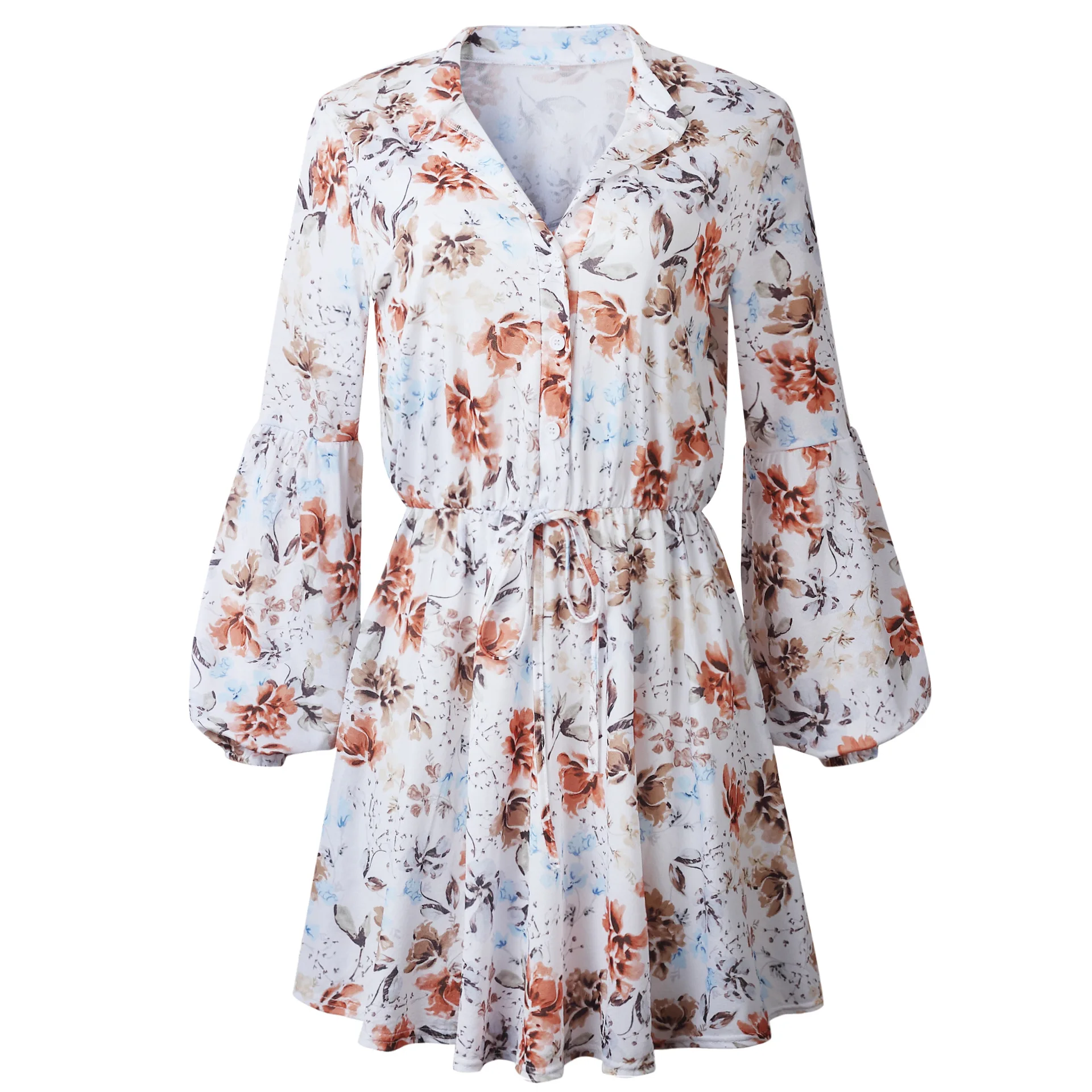 

2021 Spring Autumn Asymmetrical Shirt Ladies Dresses Sexy Flower Print Mini Dress Women Lace-Up Lantern Long Sleeve Button Dress