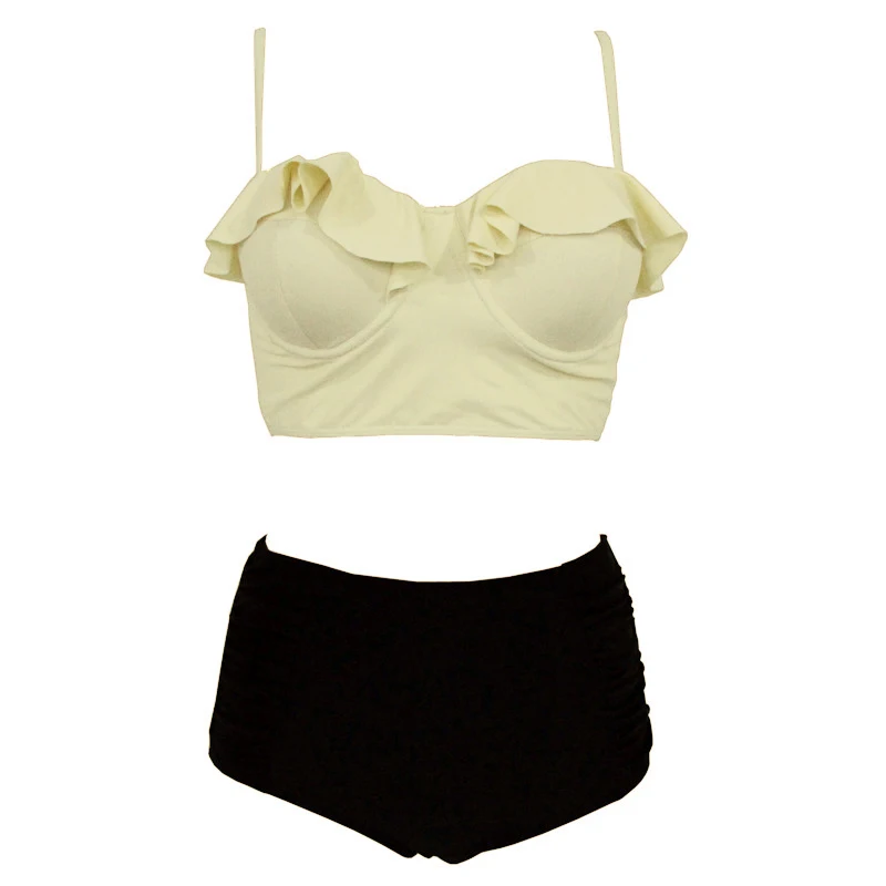 

Plus Size Split Bikini European and American Hot Sale Solid Color Padded Bandeau High Waist Bathing Suits Women