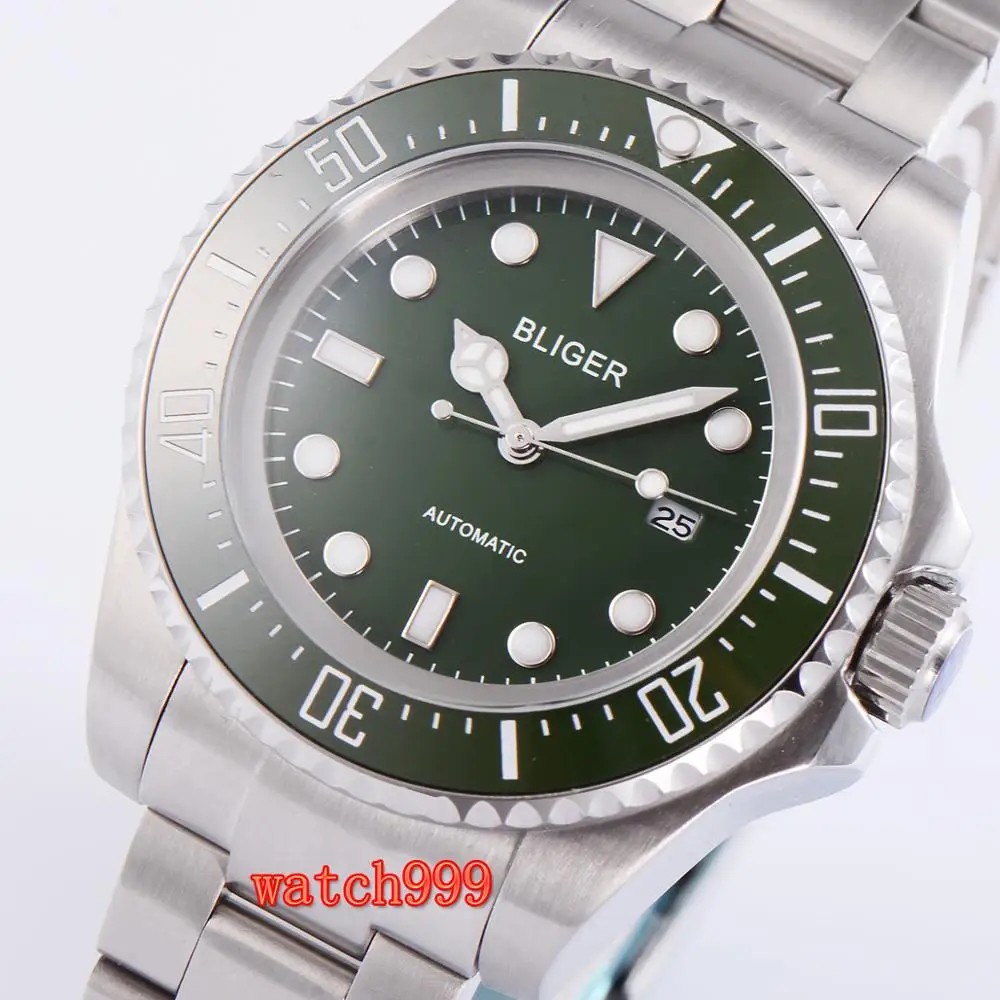 Часы Bliger мужские с зеленым циферблатом и автоматисветильник водонепроницаемые
