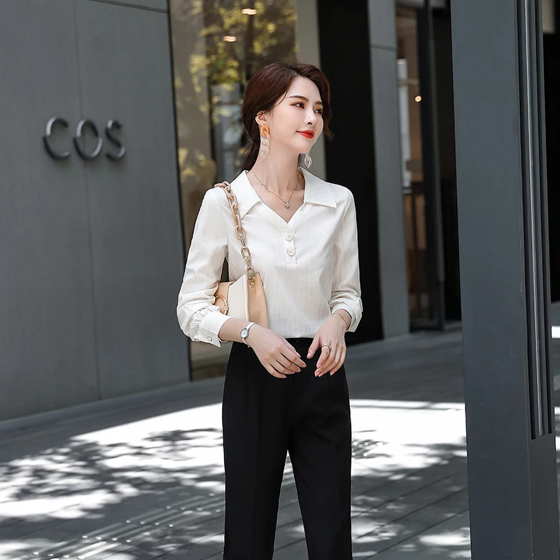 

Elegant Spring/Autumn Female Clothing White Striped Women Tops and Blouses Casual Office Ladies Shirts Plus Size S-4XL