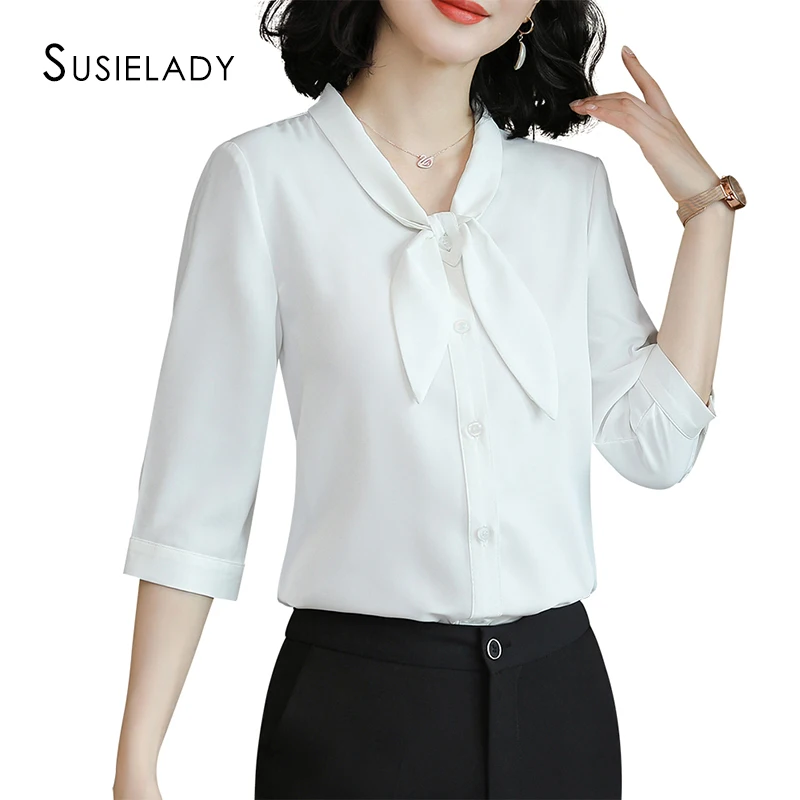 Женская шифоновая рубашка с галстуком-бабочкой на пуговицах Повседневная Блузка