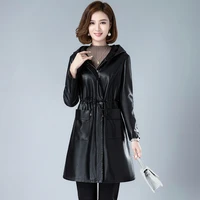 new women sheepskin coat spring autumn 2022 casual fashion solid color hooded zipper drawstring slim sheep leather trench coat