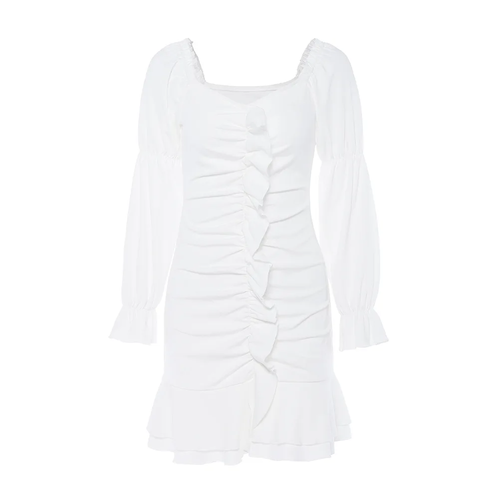 

Europe Station 2021 New Women's Dress A-line Dress Folding Lantern Sleeve Slim Spring/Summer Folding Dress