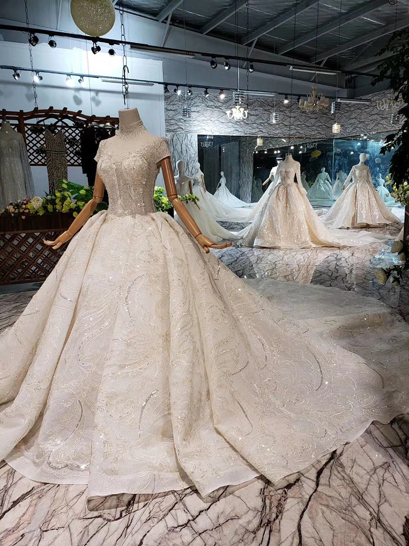 LS20472 Роскошные свадебные платья с вуалью для невесты высоким воротом коротким