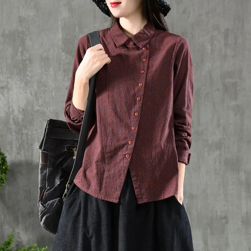 

Office Blouse Long sleeve Elegant Plaid Button Up Shirt Ladies Tops Plus size Cotton Casual