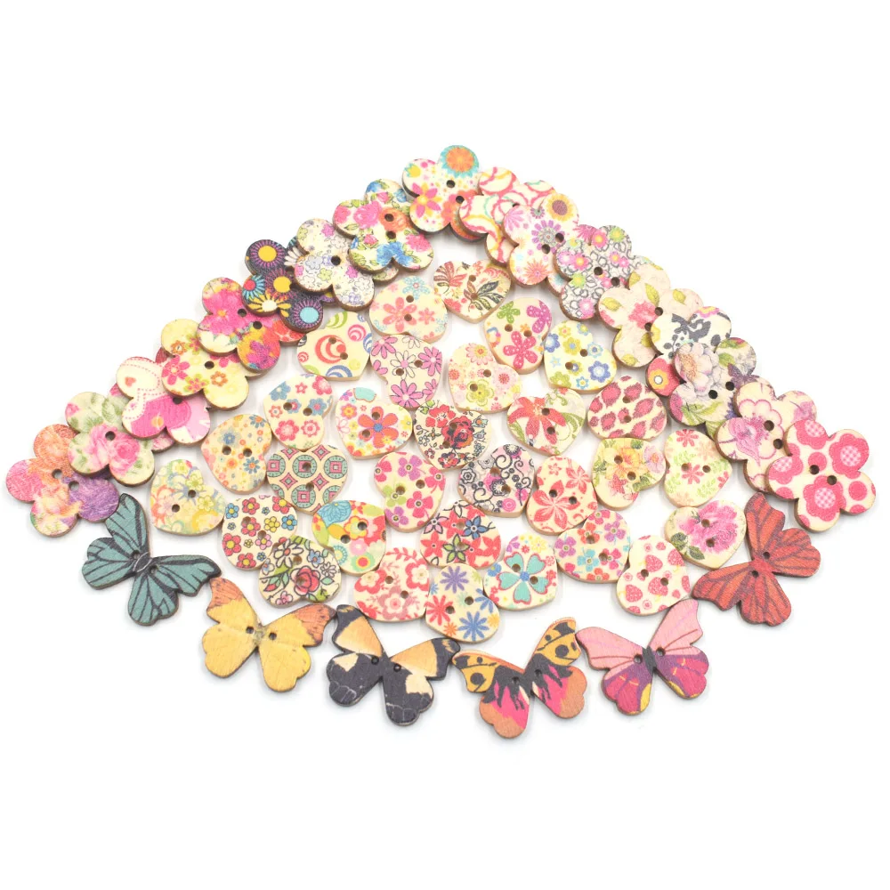 30 шт. деревянные пуговицы для одежды в виде сердца/цветка/бабочки|Пуговицы| |