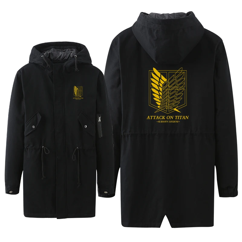 

Attack on Titan Cosplay Tooling Color Printing Luminous Trench Zipper Thick Hooded Overcoat Warm Outdoor Sport Wind Long Coat