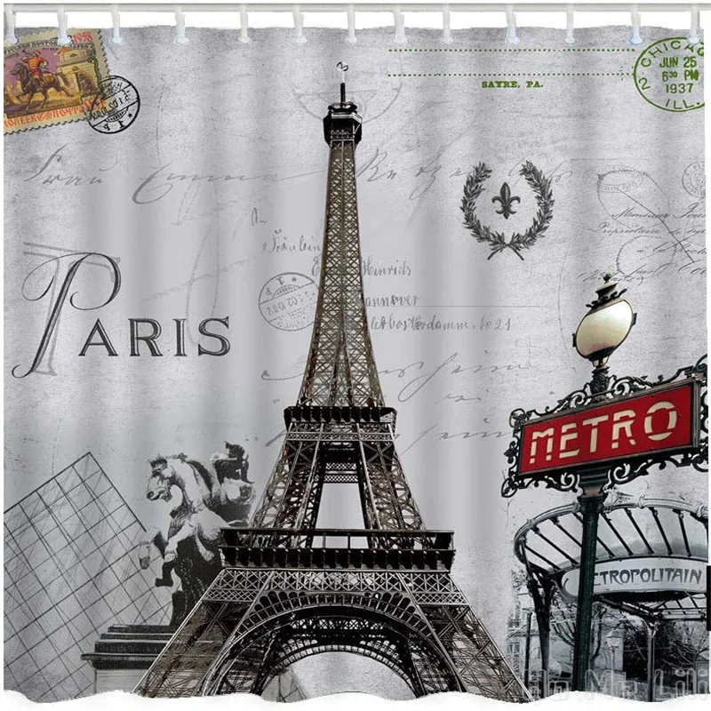

Paris By Ho Me Lili Shower Curtain Eiffel Tower French Post Metro City Horse Flower Wreath Stamp Bathroom Decorative With Hooks