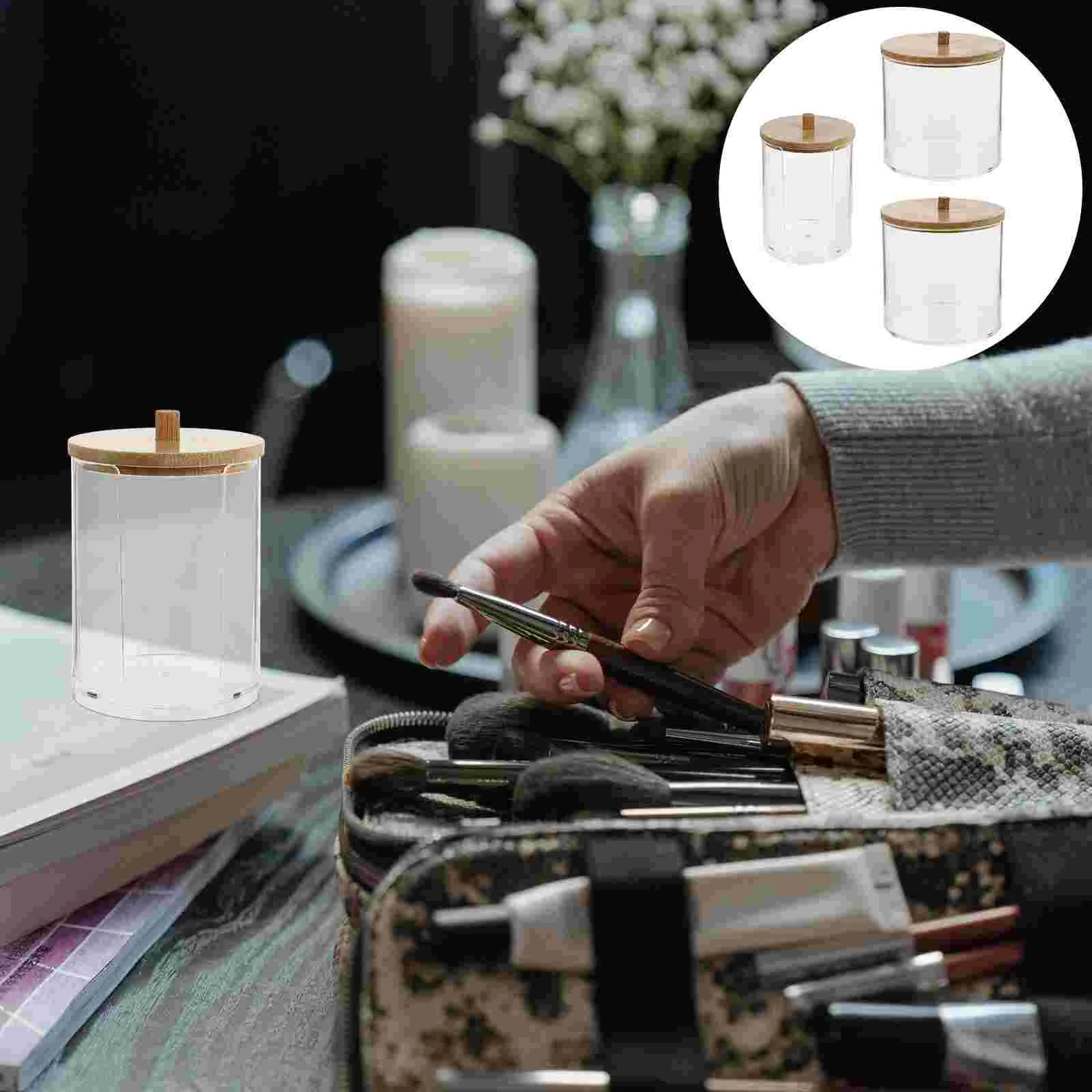 

3pcs Transparent Toothpick Storage Boxes Bamboo Lid Cotton Swab Storage Boxes