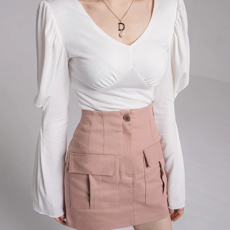

Spring Women 2 Piece Set Fashion Slim V-Neck Long Flare Sleeve Solid Color Bottoming Shirt + High Waist A-Line Mini Skirt Set