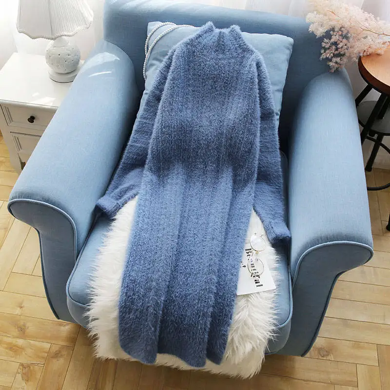 Long Sweater Women Soft Mohair Pullover Half Turtleneck Dress Pull Femme Winter Clothes Warm Sweaters Jumper C5717 | Женская одежда