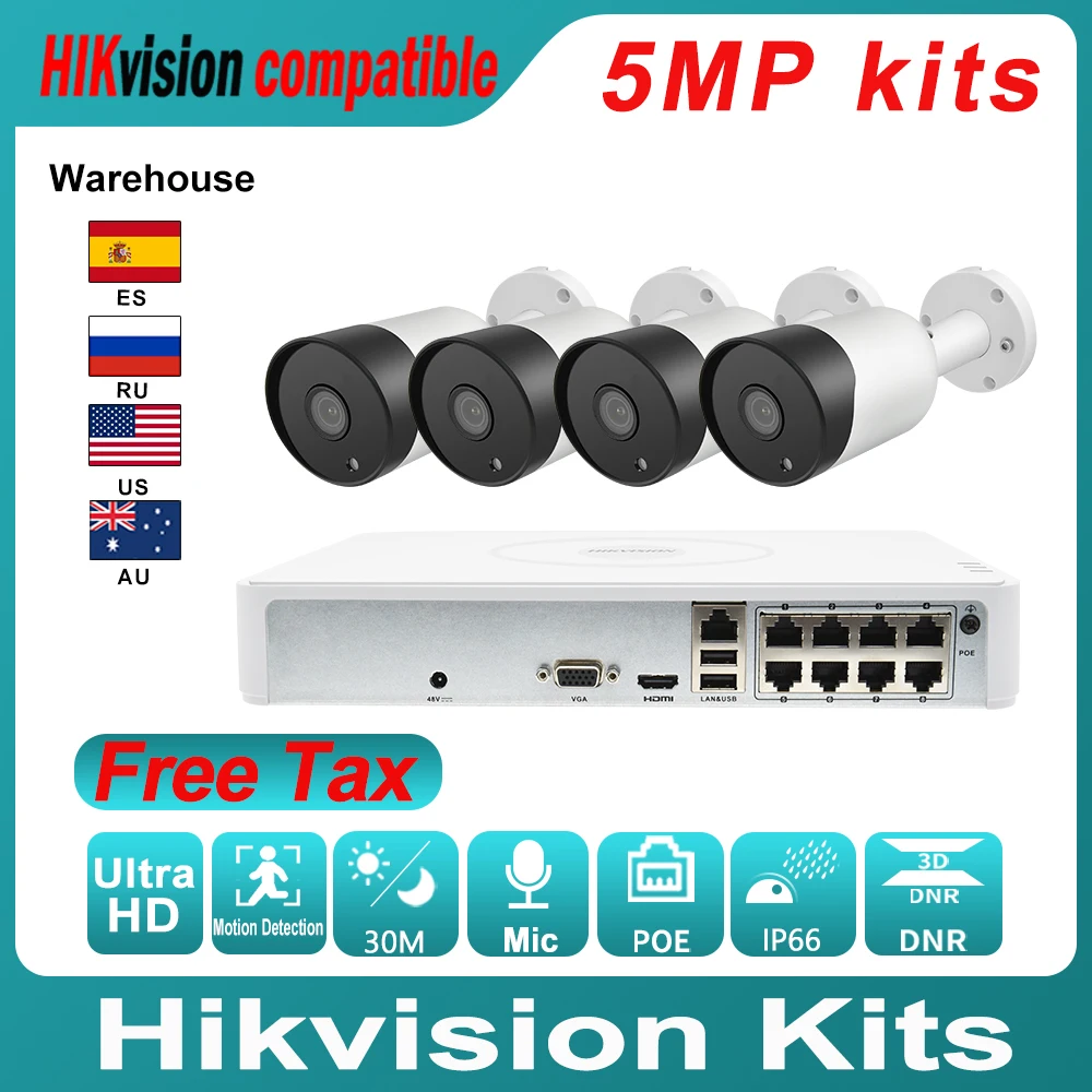 Комплект видеонаблюдения Hikvision, 4 шт., 5 Мп, встроенный микрофон, ИК + Hikvision, оригинальный видеорегистратор, DS-7108NI-Q1/8P, 8 каналов, POE - изображение