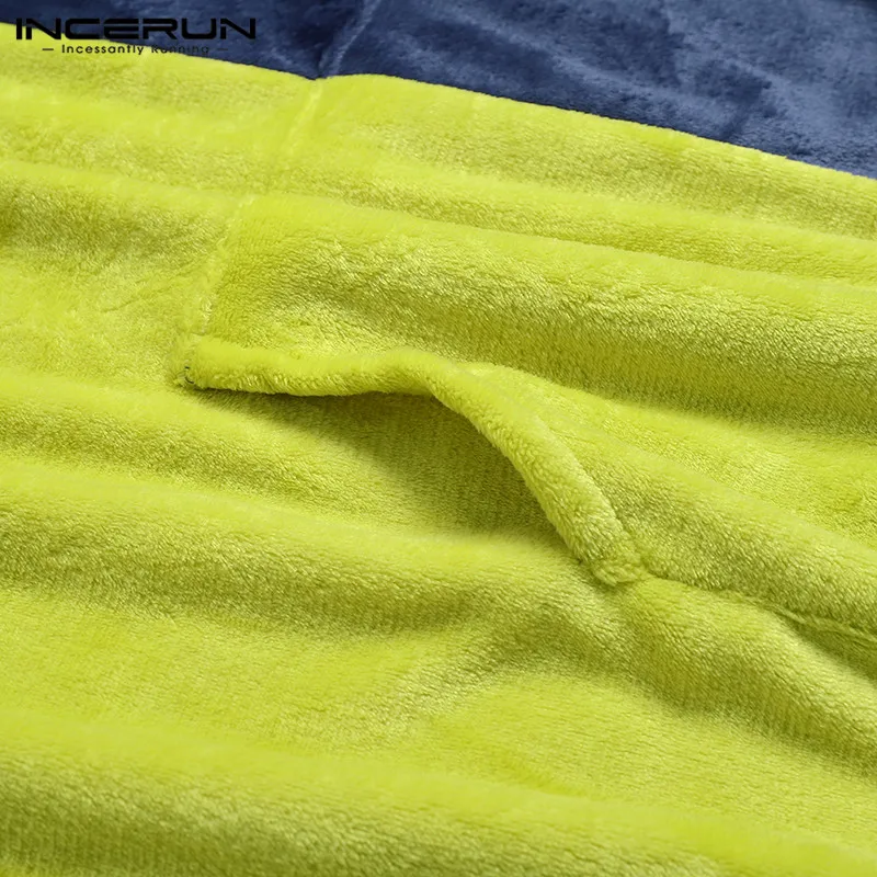 

Men Hooded Robes Fleece Homewear Patchwork Pockets Soft Bathrobes Long Sleeve Comfortable Loose Mens Nightgown Sleepwear INCERUN