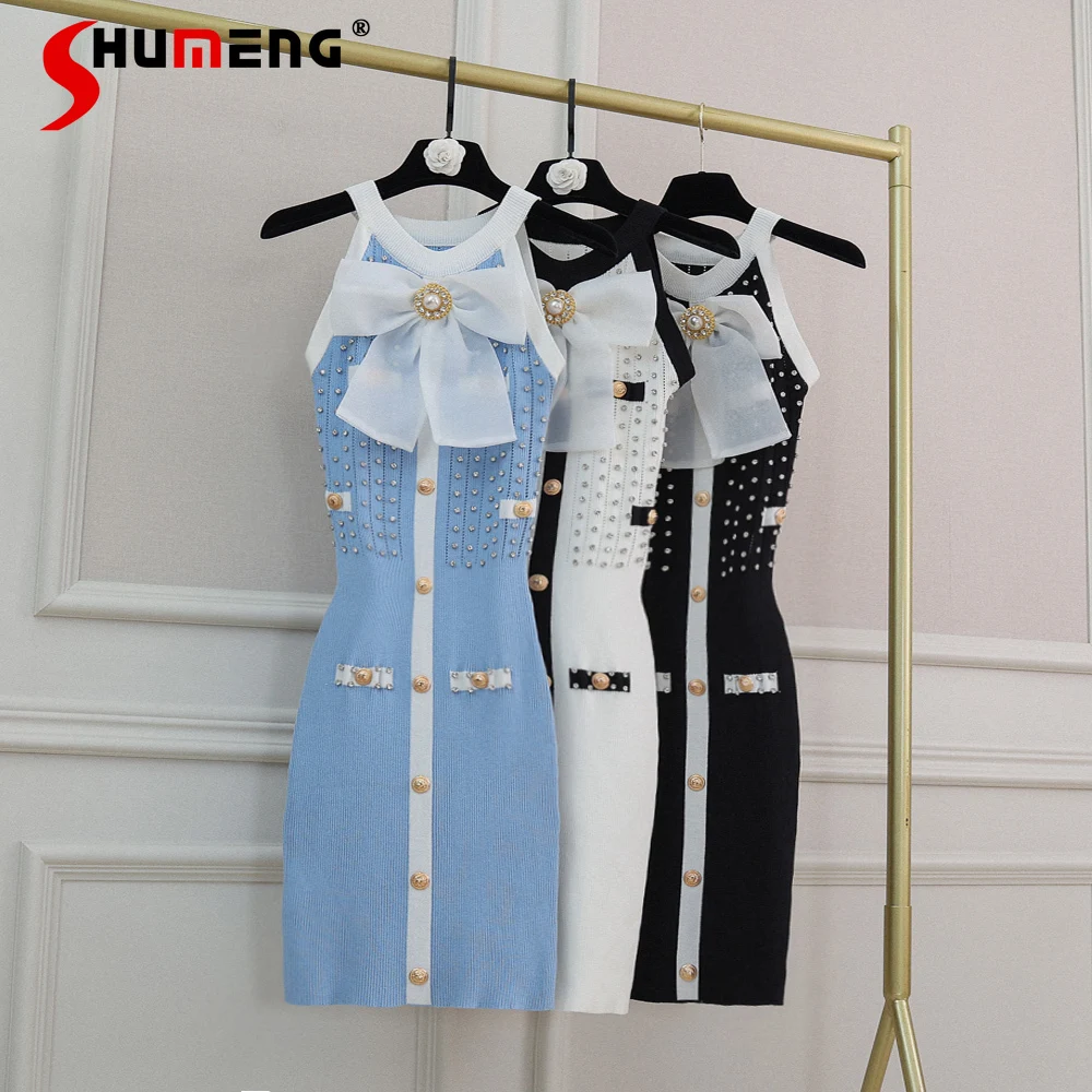 

Женское летнее трикотажное мини-платье стразы на бретельках с бантом 2021 Элегантные Синие приталенные Короткие Официальные платья без рука...