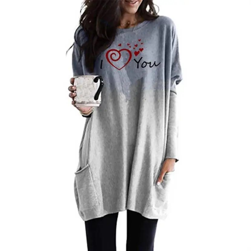 

New Fashion I Love You Letters Print T-Shirt For Women Gradient Long Sleeve Pocket T-Shirt Women Harajuku Plus Size Graphic