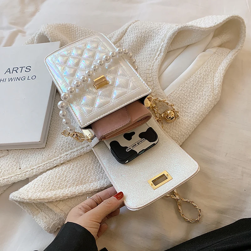 

Gradient Lattice Crossboby Bag 2021 Summer New PU Pearl Chain Shoulder Bag Women's Designer Handbag Messenger Bag Phone Purses