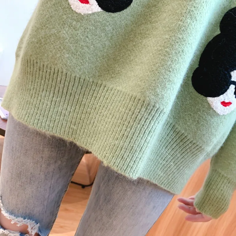 

2020 Autumn Winter Women Fashion Cartoon Girl Pattern O-Neck Knitted Sweater High Grade Preppy Style Thick Warm Loose Pullovers