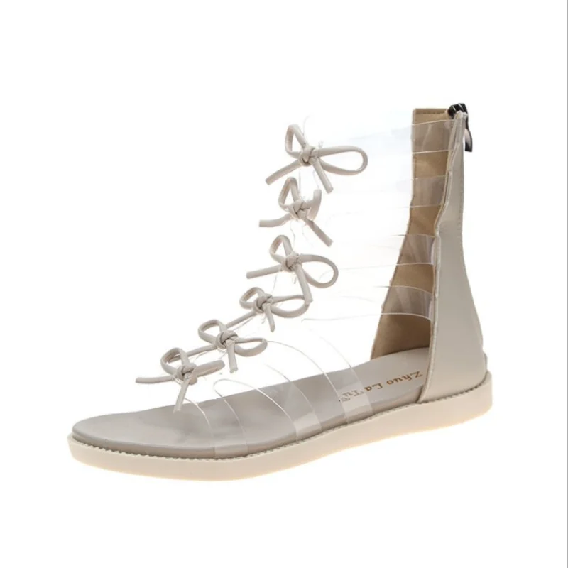 

2021 Transparent Bow Strappy Gladiator Sandals Women Fashion Hollow Out Cover Heel Sandalias Boots Woman Casual Flat Shoes