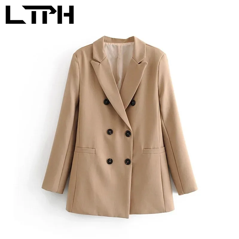 LTPH OL-Chaqueta de estilo informal para mujer, blazer de color caqui con doble botonadura, longitud media, combina con todo, primavera 2021