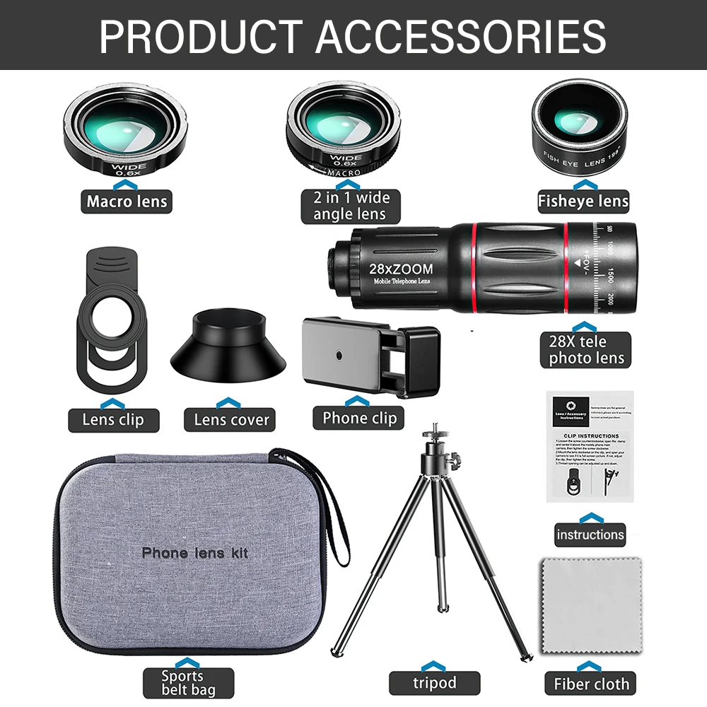

Phone Lens 4 in 1 Kit External Camera Lens Set Macro Wide Angle Fisheye Telephoto Lens with Tripod Phone Clip for Smartphone