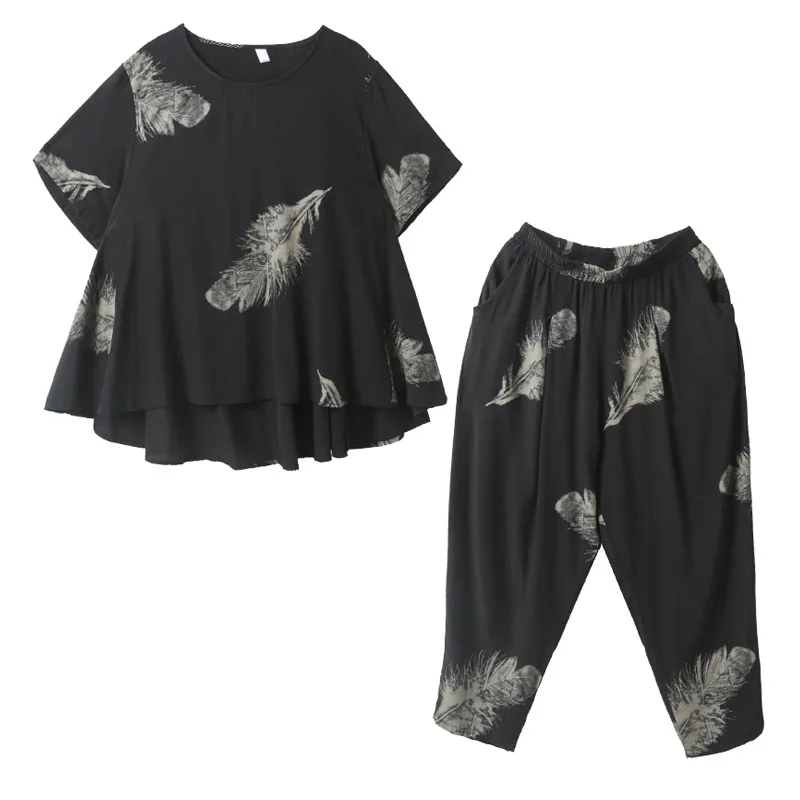 

Fashion Summer Two Piece Set Women Loose Harem Pants + Plus Size Casual Shirt Tops Suits Print Elegant Cotton Linen Women's Sets