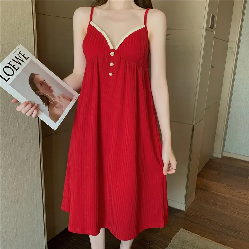 Women's New Pajamas Spring And Autumn Pit Cotton Comfortable Court Style Temperament Sling Nightgown Suit Home Service