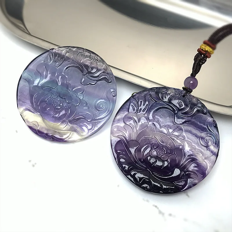 Естественная красочная круглая флюоритовая подвеска резные цветы Фу-слово