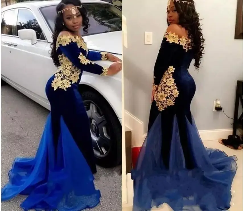 

Royal Blue Mermaid Prom Dresses With Gold Applique Long Sleeves Off Shoulder African Evening Gowns Black Girls Special Occasion