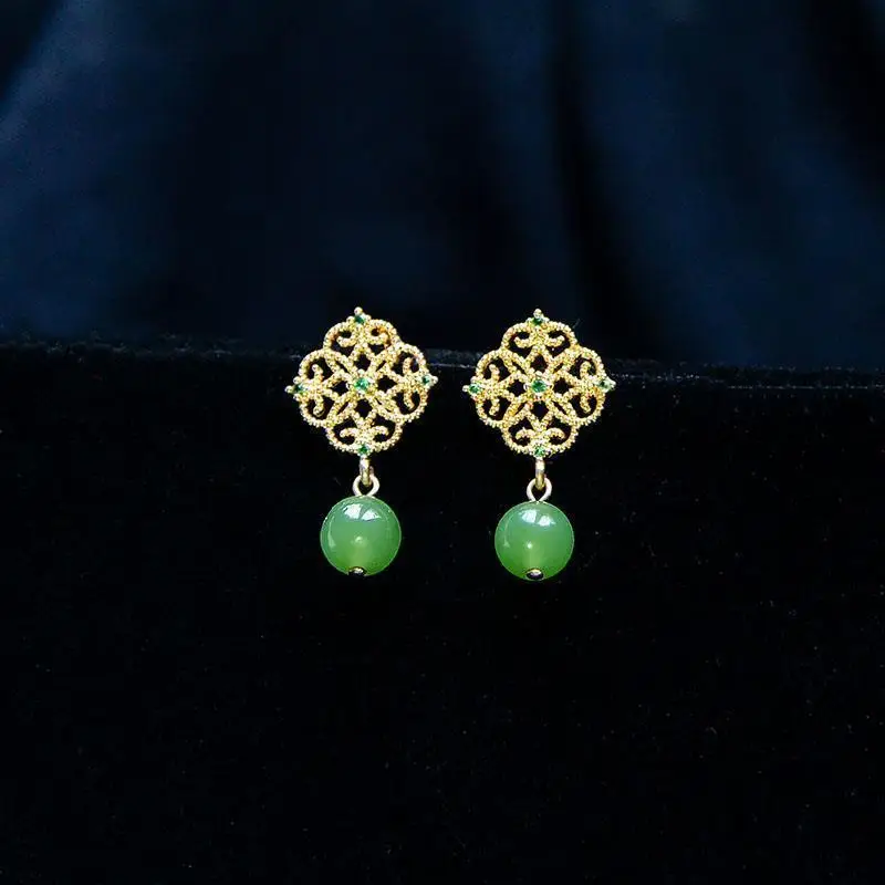 

Jinseqi Natural Hetian Jade Chinese Retro Earrings Gilded Earrings Carved Eardrop Earring High-End Elegant Elegant
