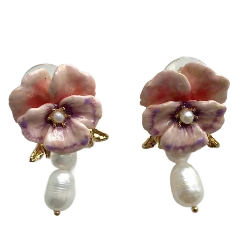 

Pansy Pink Flower Phalaenopsis Freshwater Pearl Stud Earrings