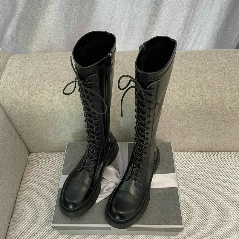 Murah ESVEVA 2022 Sepatu Bot Wanita Selutut Kulit Asli Berenda Gaya Barat Sepatu Musim Dingin Ukuran 34-39