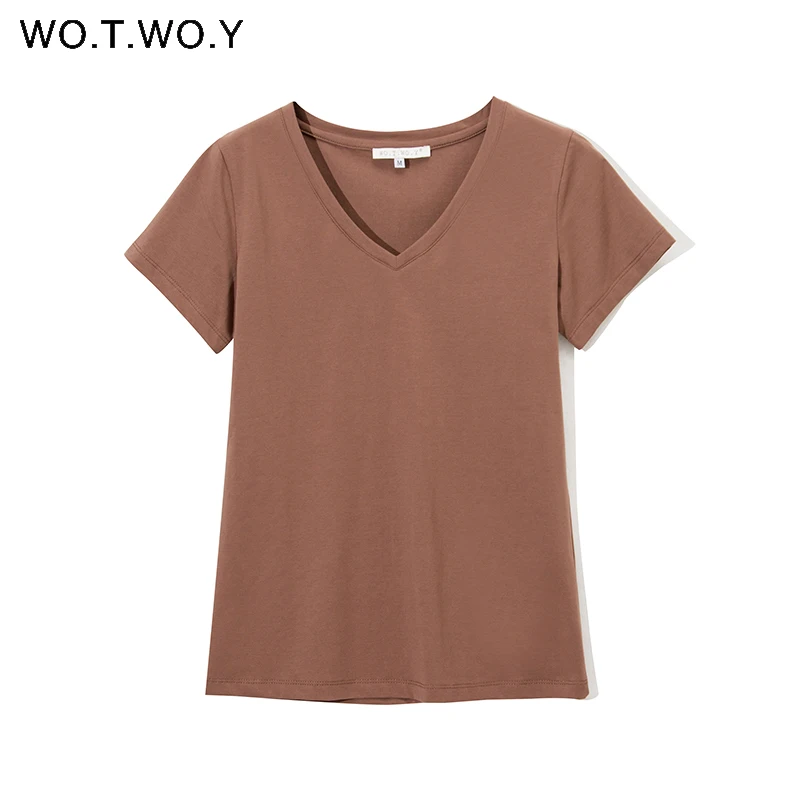 

WOTWOY Cotton Casual V-Neck T-shirt Women Basic Knitted Short Sleeve Tee Shirt Female Solid Harajuku Tops Ladies Spring Summer