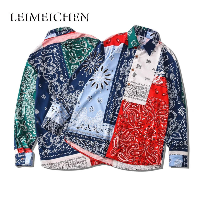 

LEIMEICHEN Young Men And Women Couple Shirt Streetwear Street Hip-Hop Shirt Retro Ethnic Style Print Shirt CXC03