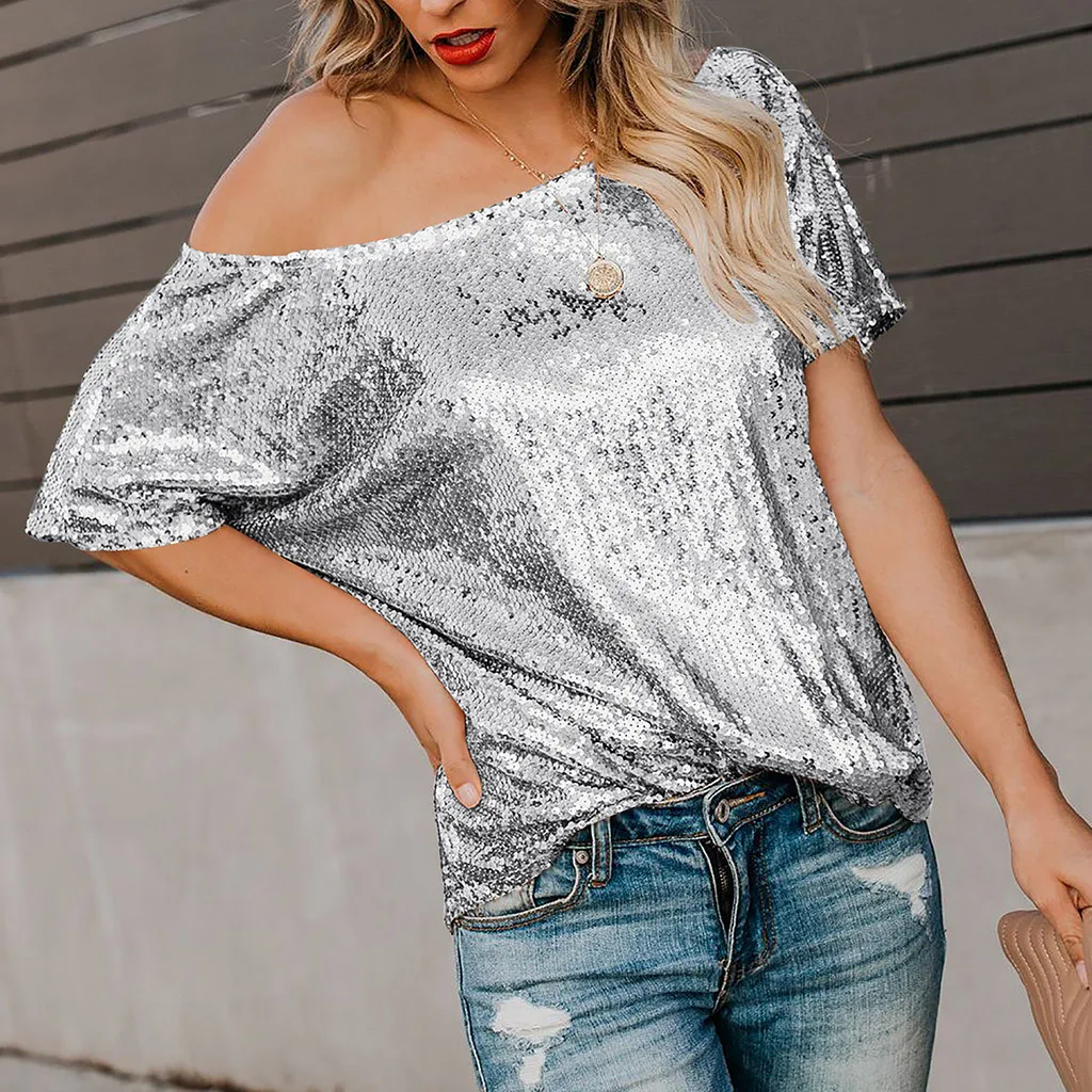 

Футболка женская с блестками, пикантный Блестящий пуловер с коротким рукавом, Модный повседневный Топ, уличная одежда, #45, на лето