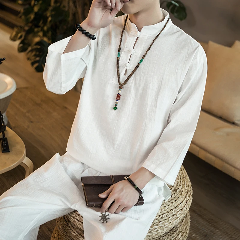 

2022 traditional chinese clothing for man cotton and linen casual kung fu tai chi tang suit retro mandarin collar loose sets