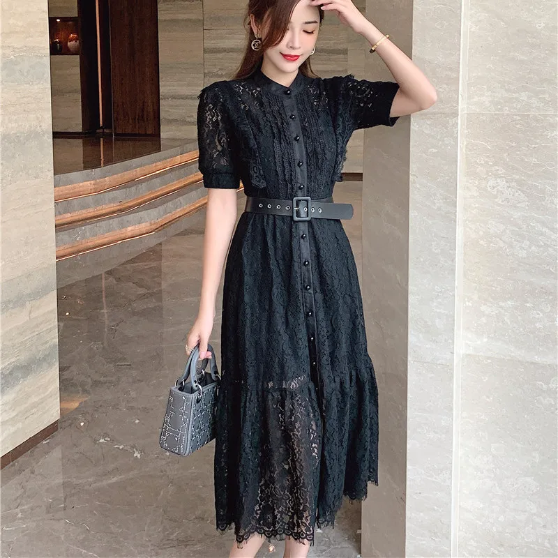 

Женское кружевное однобортное платье, черное ажурное элегантное модельное офисное праздничное платье с коротким рукавом, лето