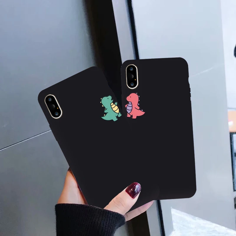 

Cute Cartoon Dinosaur Couple Silica Phone Case For iPhone 11 Pro 12 Mini X XS MAX XR 8 7 6 plus SE2020 Black Soft Cover Capa Bag