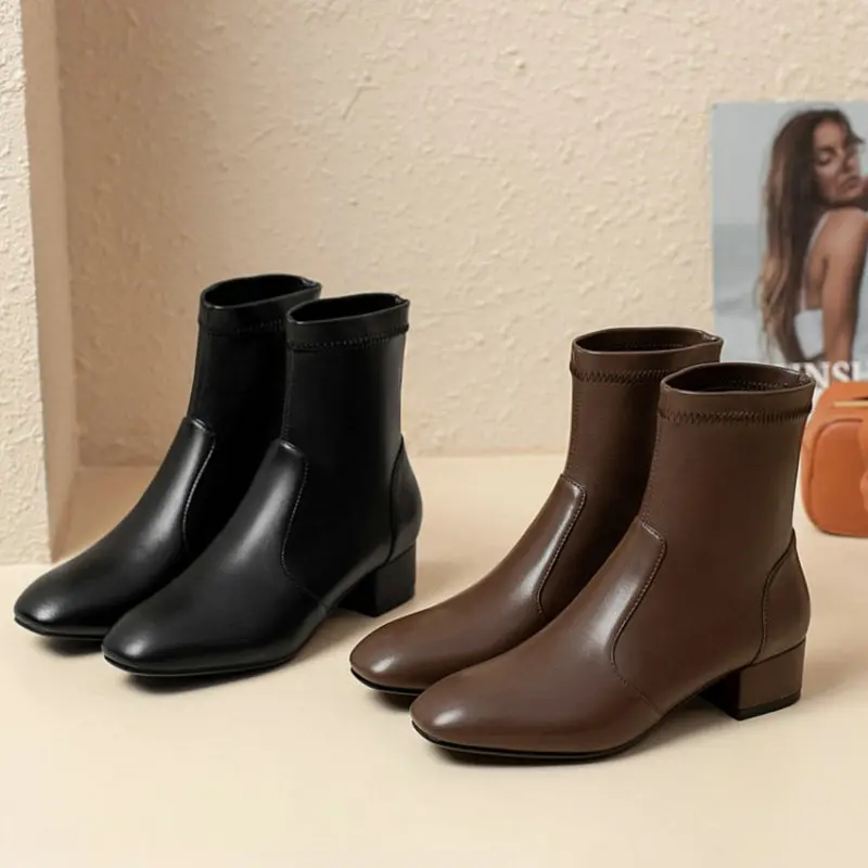 

Good quality womans boots winter warm fleece square middle heels boots women stretchy socks booties extra big size 33 44 45 46