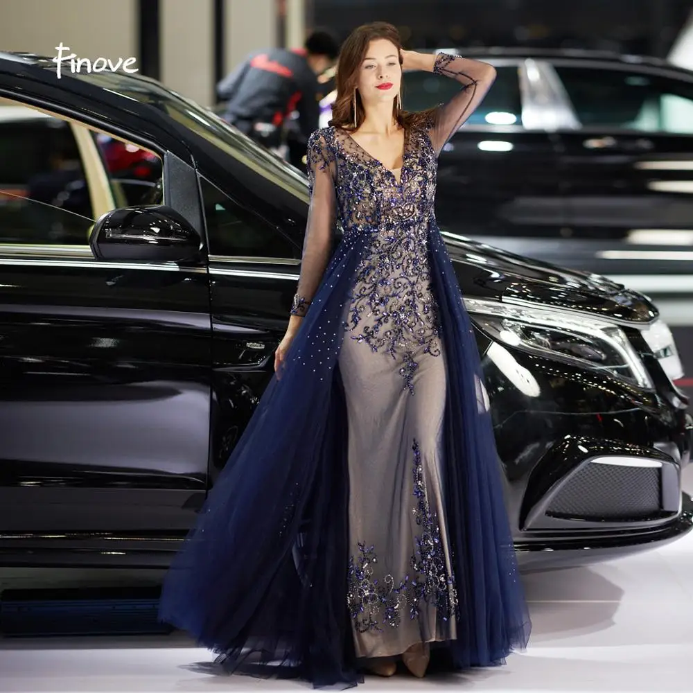 Finove вечернее платье длинное Robe de soiree сексуальное платье с v-образным вырезом в стиле ампир Линия Иллюзия Тюль полностью вышитое бисером длина до пола женское платье платья