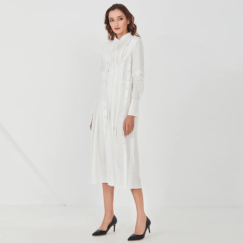 

TWOTWINSTYLE White Patchwork Dress For Women O Neck Long Sleeve High Waist Elegant Ruched Midi Dresses Female 2021 Fashion Style