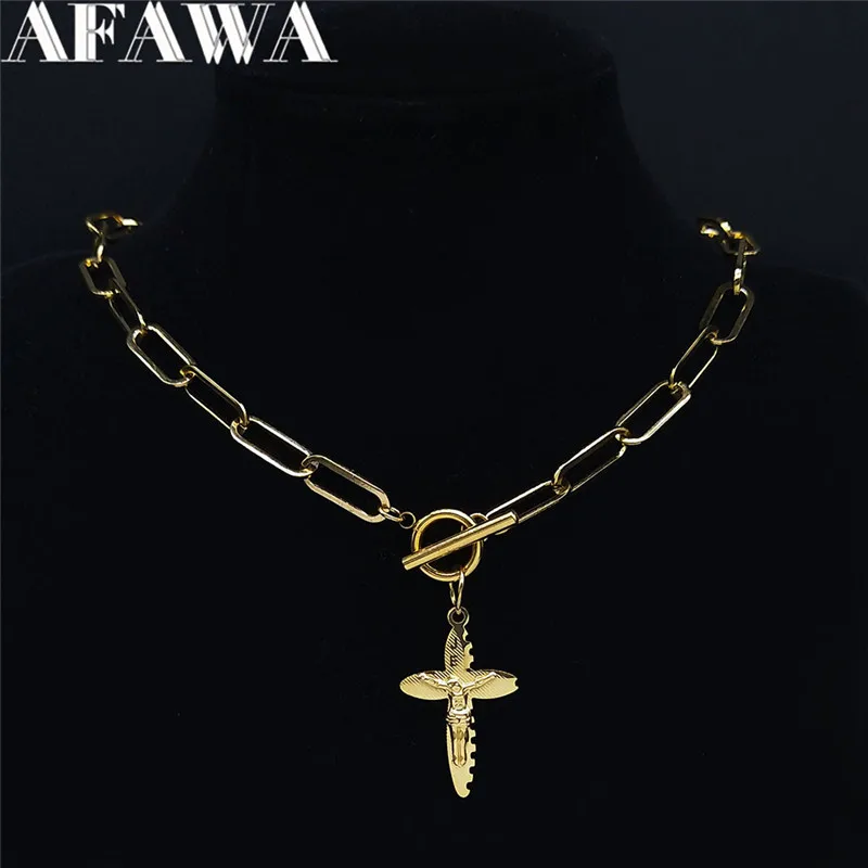 

Stainless Steel Cross Jesus Choker Necklace for Women/Men Gold Color Catholic Small Chain Necklaces Jewelry bijoux N6011S01