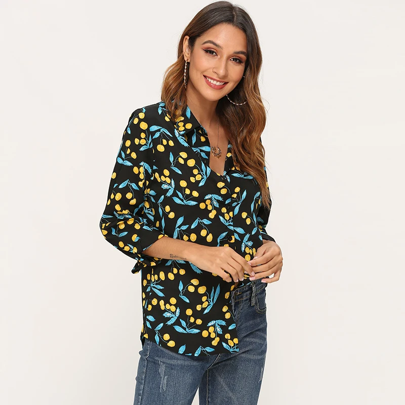 2019 новые осенние модные женские топы с принтом и блузки отложным воротником