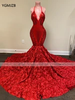 sparkly sequin long prom dresses 2020 mermaid halter backless 3d rose flowers train red african girls formal party evening gown