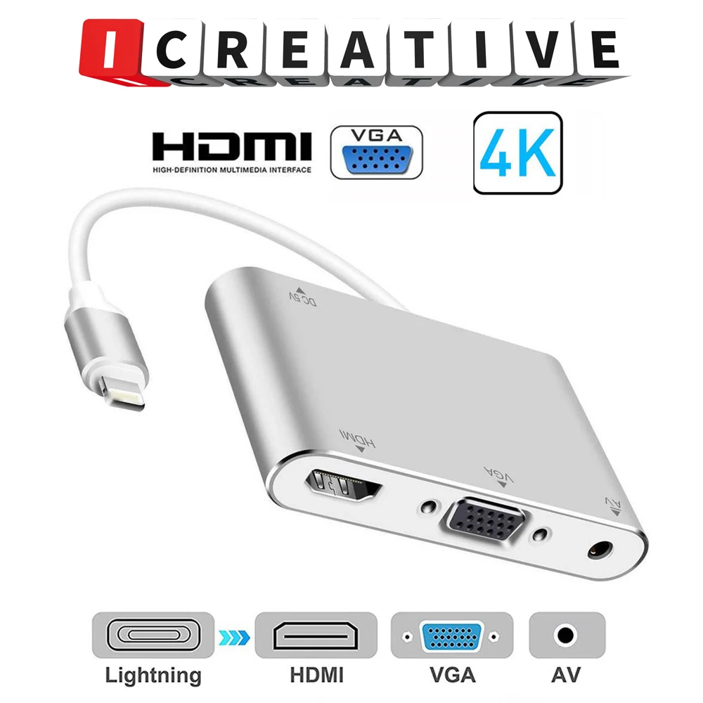 

4 In 1 Converter for IOS IPhone Lightning To HDMI VGA AV Audio Vidio Adapter 8 Pin For iPhone X Xs Max XR For iPad Air Mini iPod