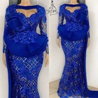 Реальные фотографии нигерийское женское платье Королевский синий Vestidos de fiesta вечерние платья с длинным рукавом длинное кружевное платье для выпускного вечера Aso