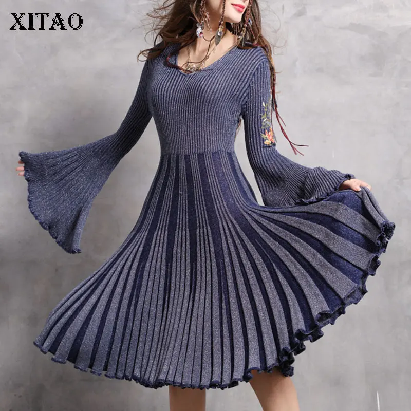 

XITAO Pleated Dress Fashion New Knitted Floral Full Sleeve Goddess Fan Knitted 2021 Autumn Winter Minority Dress GWJ1643